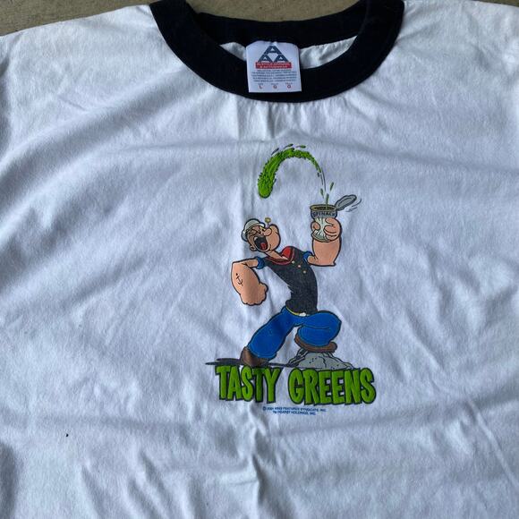 VINTAGE TASTY GREENS POPEYES SHIRT RINGER WHITE TEE SHIRT LRG - Picture 1 of 6